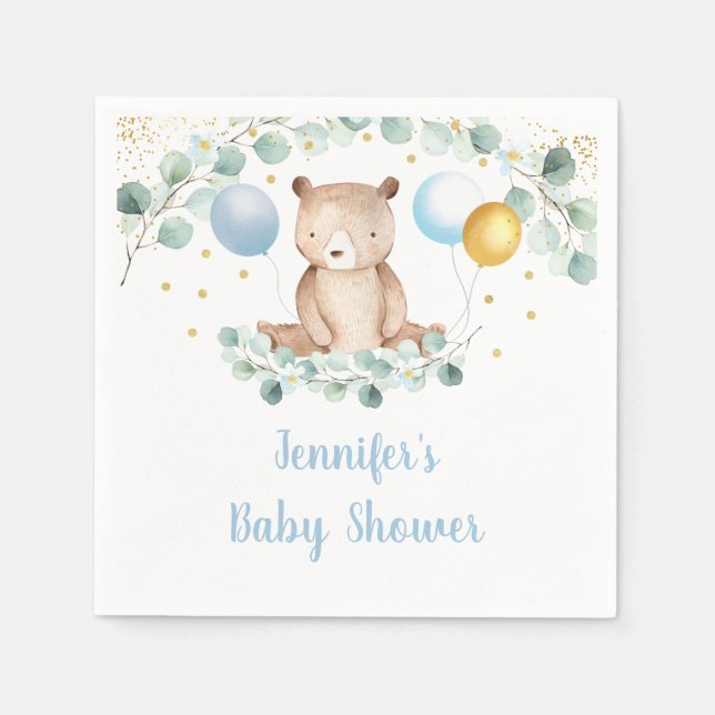 Bear Greenery Gold Blue Boy Baby Dusche Serviette (Vorderseite)
