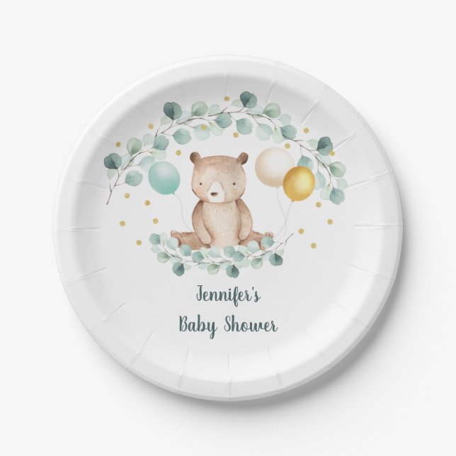 Bear Greenery Gold Gender Neutral Baby Dusche Pappteller (Vorderseite)