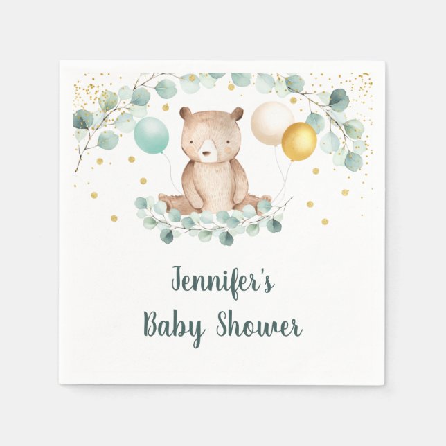 Bear Greenery Gold Gender Neutral Baby Dusche Serviette (Vorderseite)
