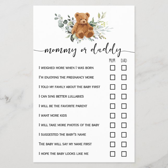 Bear Greenery Mama oder Vater Baby Shower Game Car Flyer (Vorne)