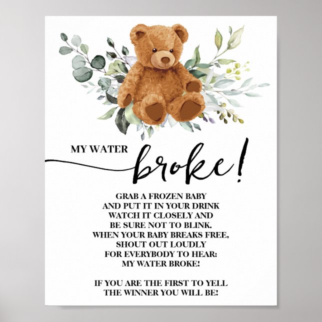 Bear Greenery mein Water Broke Baby Duschzeichen Poster (Vorne)
