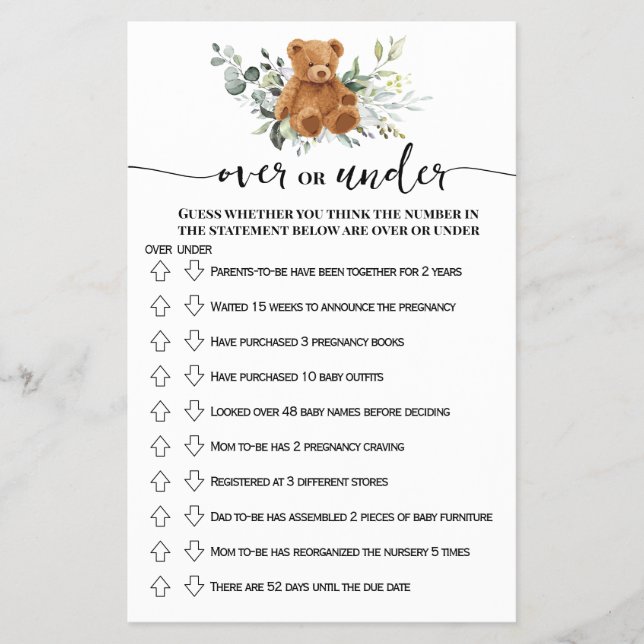 Bear Greenery Over oder Under Baby Shower Game Car Flyer (Vorne)