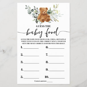 Bear Greenery Raten Sie die Baby Food Shower Game  Flyer