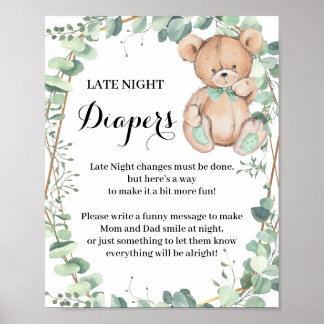 Bear Greenery Spate Night Diaper Dusche-Spiel-Zeic Poster