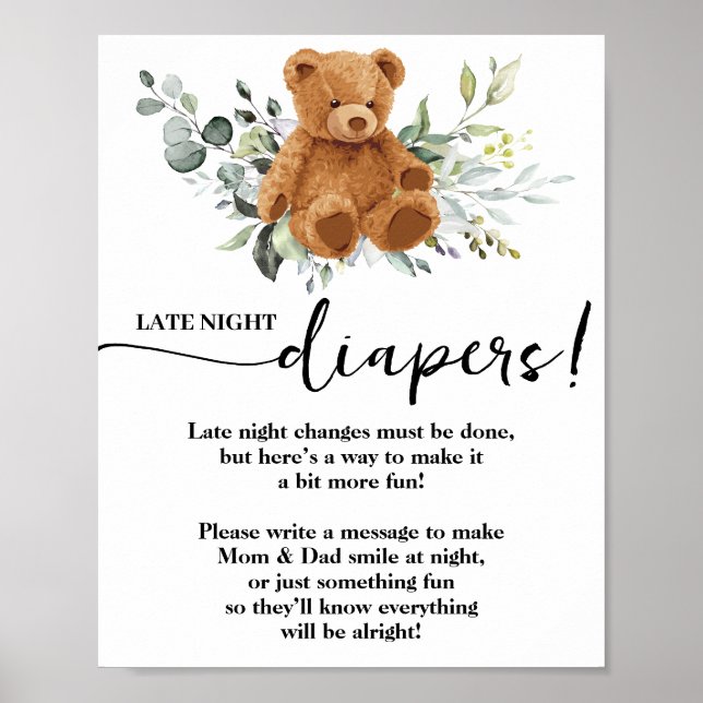 Bear Greenery Spate Night Diapers Baby Shower Game Poster (Vorne)