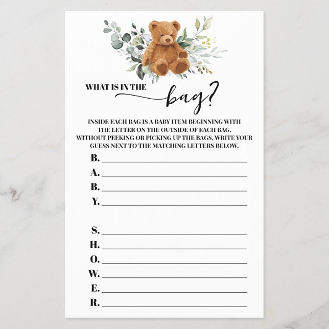 Bear Greenery Was ist im Bag Baby Shower Game? Flyer (Vorne)