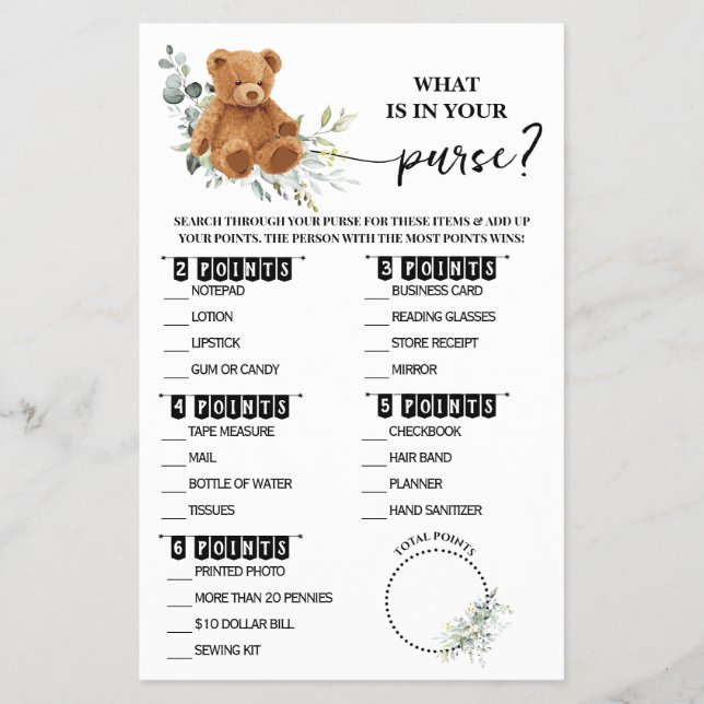 Bear Greenery Was ist in Ihrer Purse-Duschkarte? Flyer (Vorne)