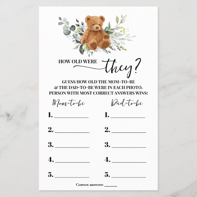 Bear Greenery Wie alt waren sie Duschspielkarte Flyer (Vorne)