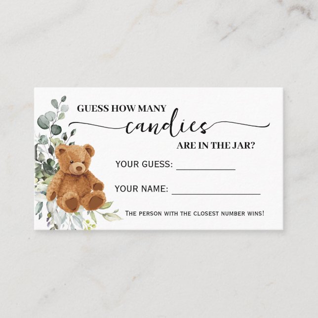 Bear Greenery Wie viele Candies Shower Game Card Platzkarte (Vorderseite)