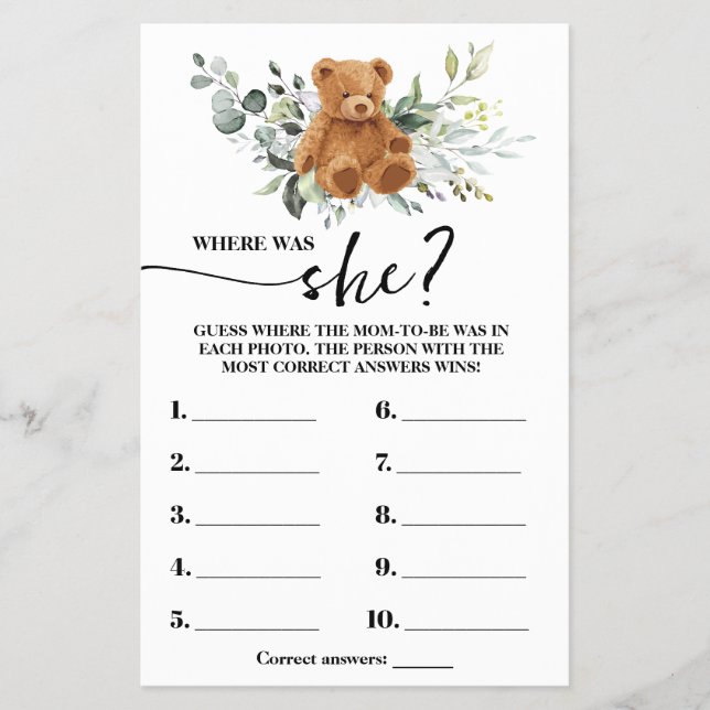 Bear Greenery Wo war die Mama, Dusche Game Card Flyer (Vorne)
