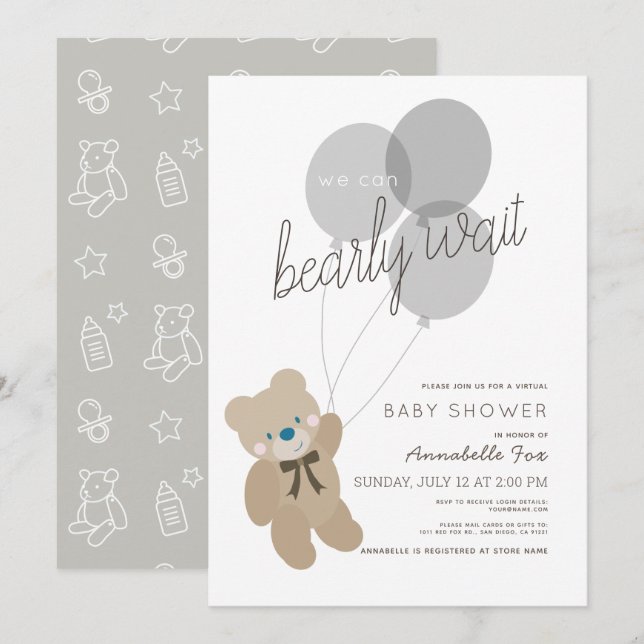 Bear Grey Virtual Baby Dusche warten Einladung (Vorne/Hinten)