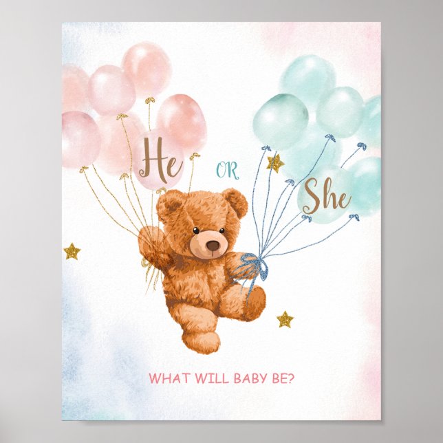 Bear He or She Pink and Blue Balloon Welcome Sign Poster (Vorne)