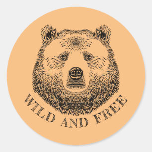 Bear Head, Wild And Free, Hand Drawn Illustration Runder Aufkleber
