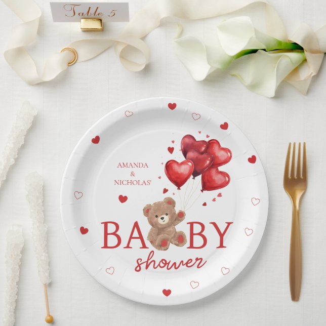 Bear Heart Balloons red Baby Shower Pappteller (Hochzeit)