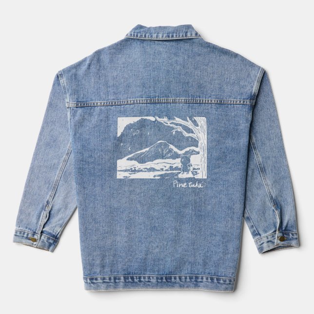 Bear Hiker at Mountain Sunset – Whimsical Denim Ja Jeansjacke (Rückseite)
