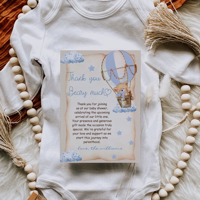 Bear Hot Air Ballon Babydusche Blue Beige Dankeskarte (Von Creator hochgeladen)