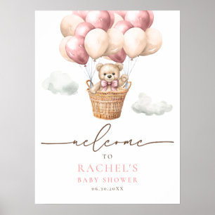 Bear Hot Air Ballon Girl Baby Dusche Willkommen Poster