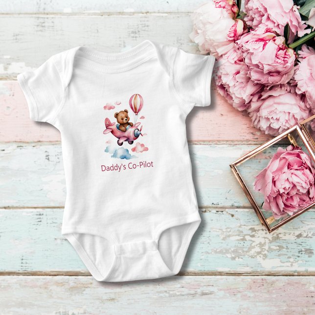 Bear in Airplane Daddy Co-Pilot Baby Girl Strampler (Bear in Pink Airplane, Daddy Co-pilot Personalized Baby Body Suit for little girl)