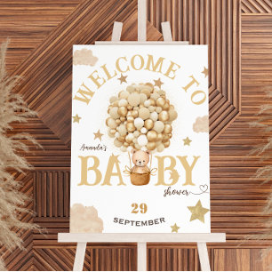 Bear in Basket Gold Beige Baby Dusche willkommen Poster