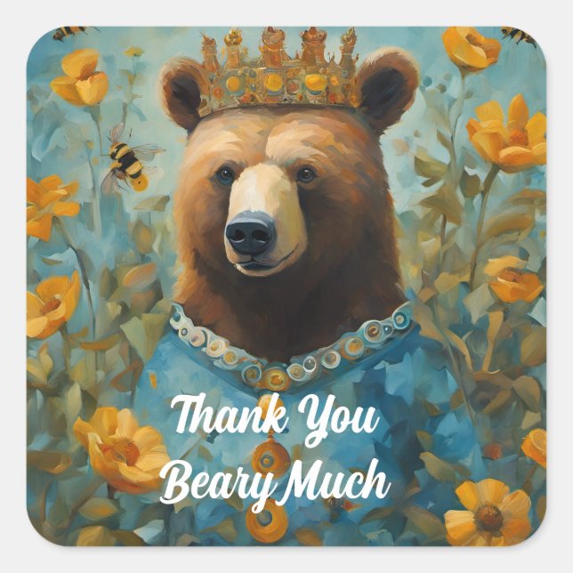 Bear in einer Krone mit Blume und Bienen Quadratischer Aufkleber (Vorderseite)