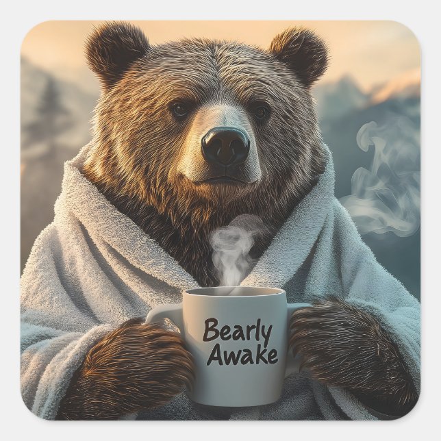 Bear in Robe Holding Kaffee Tasse Quadratischer Aufkleber (Vorderseite)