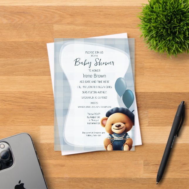 Bear Jean Baby Shower Blue Akryllische Einladung (Insitu (Einladungskarte))