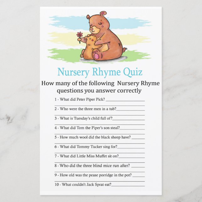 Bear Kinderzimmer Rhyme Quiz Babydusche (Vorderseite)