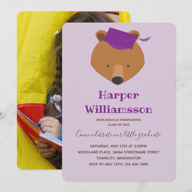 Bear Lila Foto Kindergarten Abschluss Einladung (Vorne/Hinten)