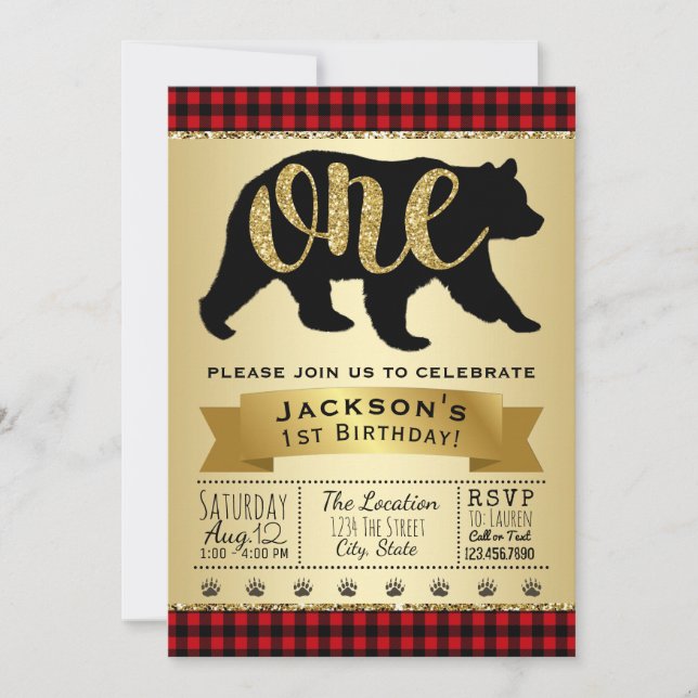 Bear Lumberjack 1er anniversaire fêtes Invitations (Devant)