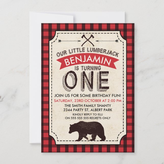 Bear Lumberjack 1er Anniversaire Invitation (Devant)