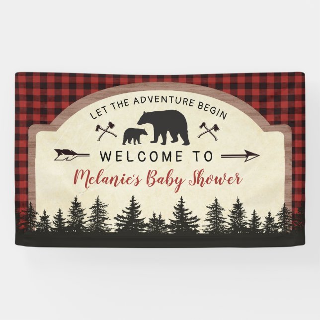 Bear Lumberjack Baby Dusche Begrüßungszeichen Plak Banner (Horizontal)