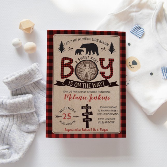 Bear Lumberjack Flannel Boy Baby shower Invitation (Créateur téléchargé)
