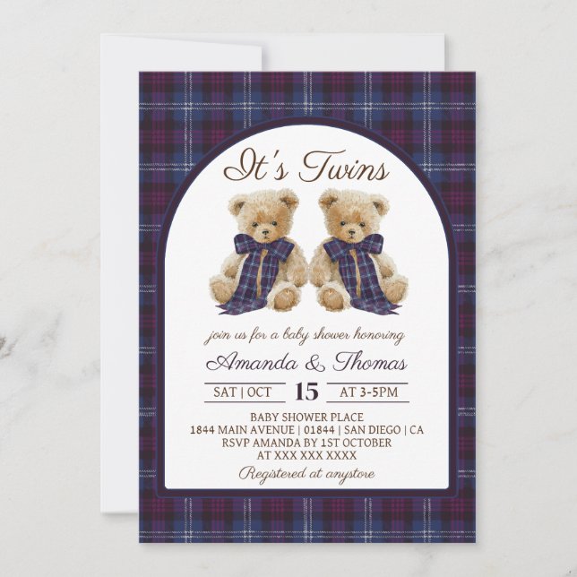Bear Luxury Tartan Twins Baby Shower Einladung (Vorderseite)
