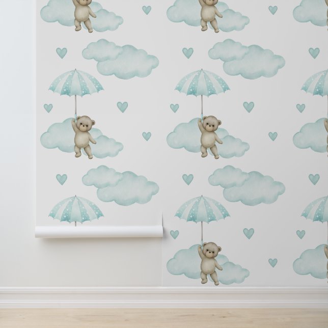 Bear Mint Green Umbrella Clouds Hearts Baby Girl Tapete (Anwendung)