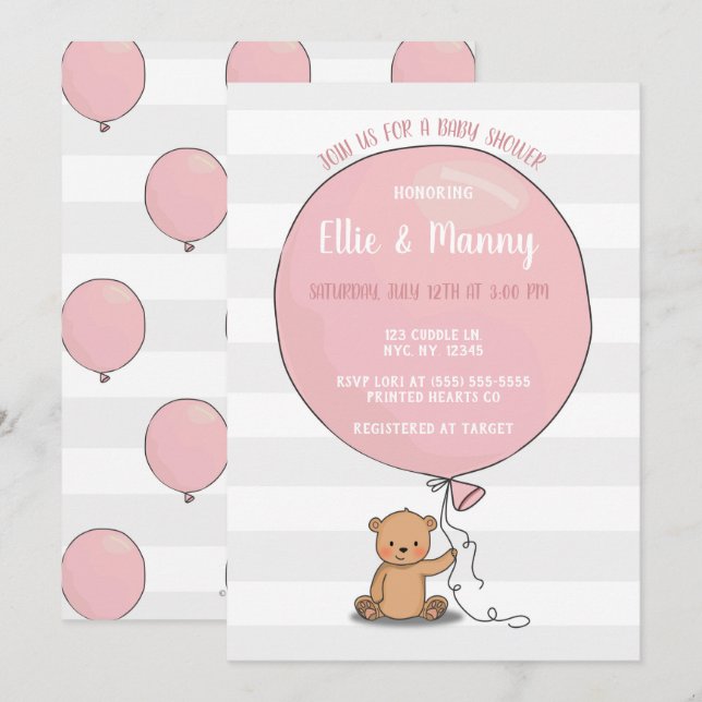 Bear mit Balloon Baby Shower Einladung | Rosa (Vorne/Hinten)