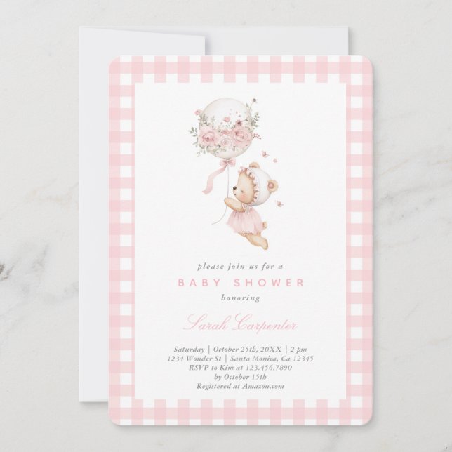 Bear mit Balloon Baby Shower Girl Einladung (Vorderseite)