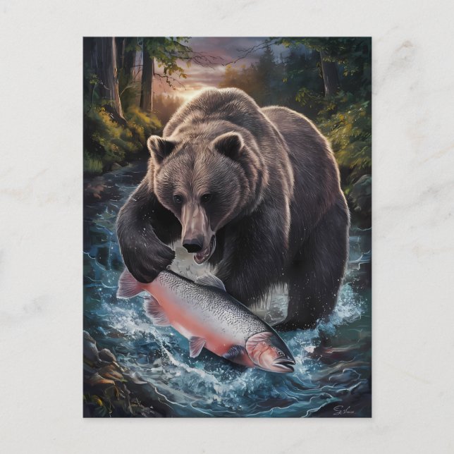 Bear mit einem schimmernden Fisch Postkarte (Vorderseite)
