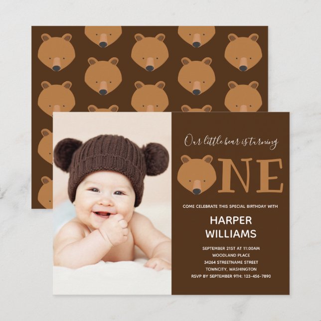 Bear One Foto Animal First Birthday Einladung (Vorne/Hinten)
