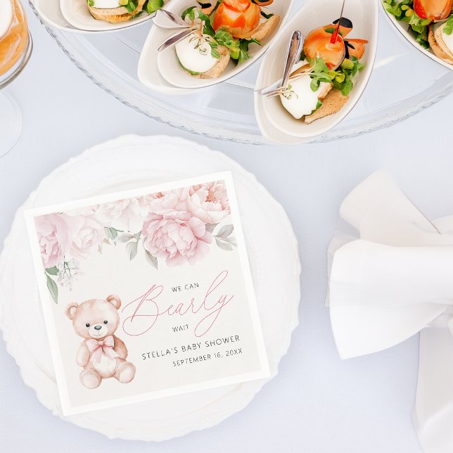 Bear Peony Baby Shooting Paper Serviette (Bearly Wait Teddy Bear Peony Baby Shower Paper Napkins)