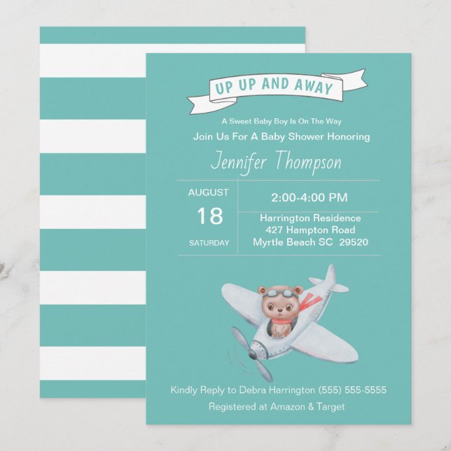 Bear Pilot und Airplane Baby Shower Einladung (Vorne/Hinten)