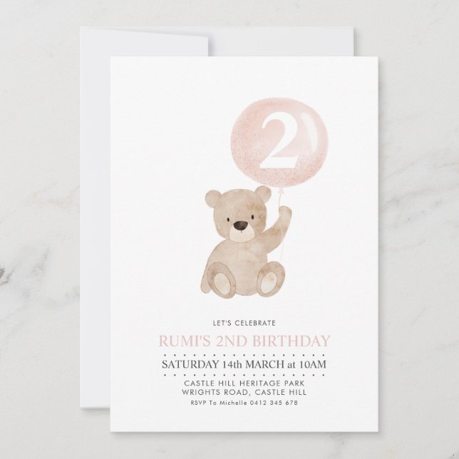 Bear Pink Balloon Girls 2e Invitation anniversaire (Devant)