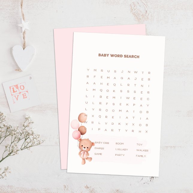 Bear & Pink Balloons Baby Dusche Word Search Game (Bear & Pink Balloons Baby Shower Word Search Game on a boho wooden table.)