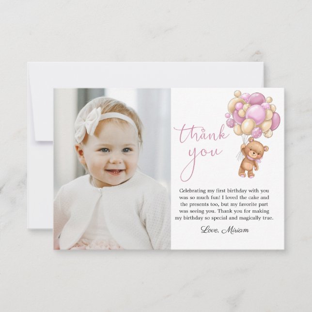 Bear Pink Balloons Baby Foto Danke Karte (Vorderseite)