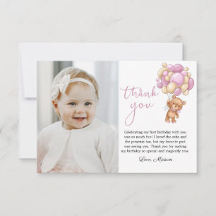Bear Pink Balloons Baby Photo Carte de remerciemen
