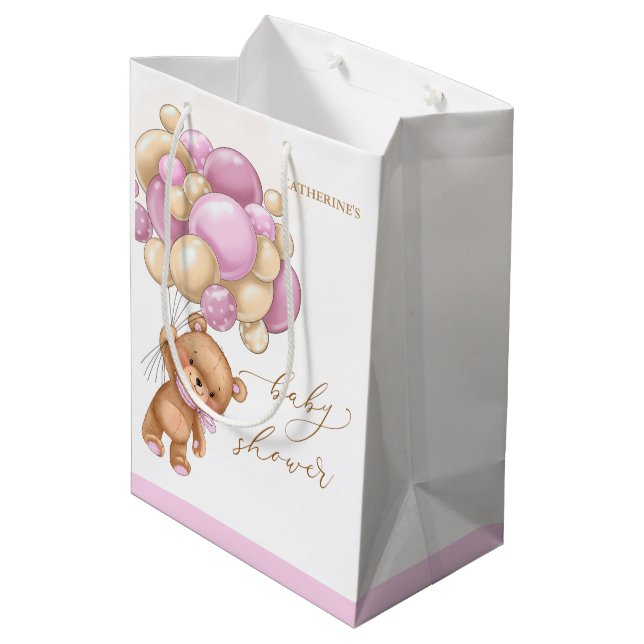 Bear Pink Balloons Baby Showbeutel Mittlere Geschenktüte (Rückseite Schrägansicht)