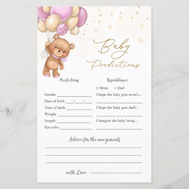 Bear Pink Balloons Baby Shower Baby Vorhersage (Vorderseite)
