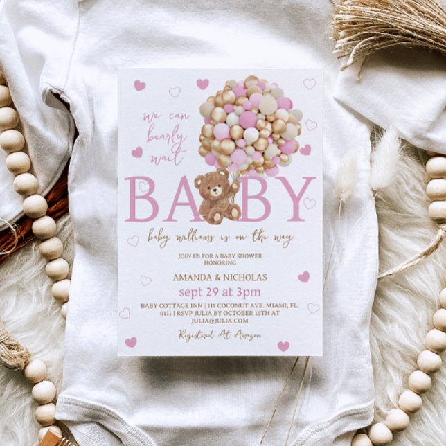 Bear Pink Balloons Girl Baby Dusche Einladung (Von Creator hochgeladen)