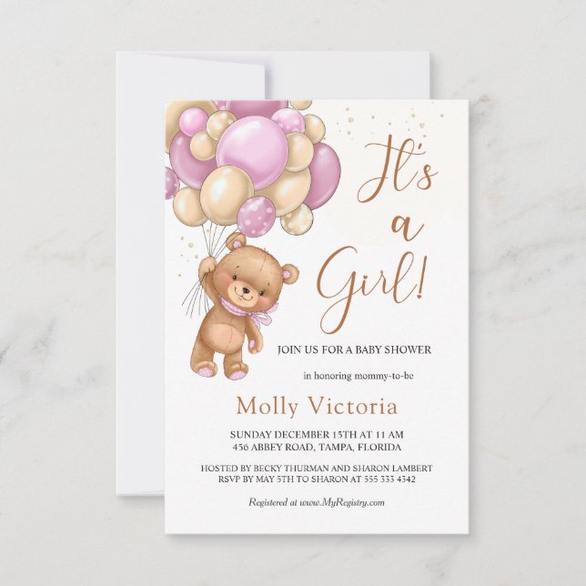 Bear Pink Balloons Girl's Baby Shower (Vorderseite)