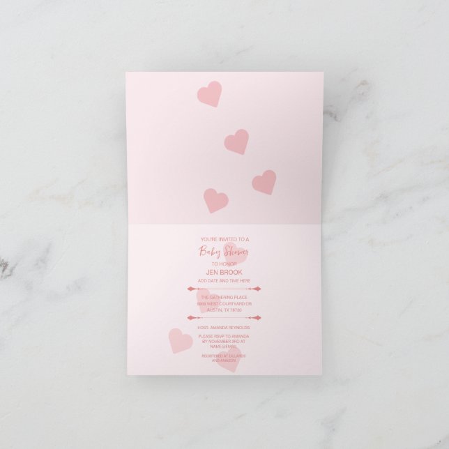 Bear Pink Hearts Baby Dusche geklappte Einladung (Innenseite)