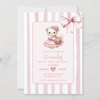 Bear Pink Niedlich Ribbon ersten Geburtstag Einladung